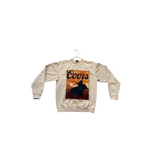 Coors Mens Graphic Sweatshirt Western Cowboy Horse Sunset Crewneck Tan M